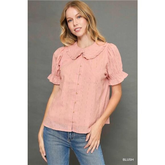 Umgee Tops - Peter Pan Collared Button Down Textured Shirt with Ruffled Detail